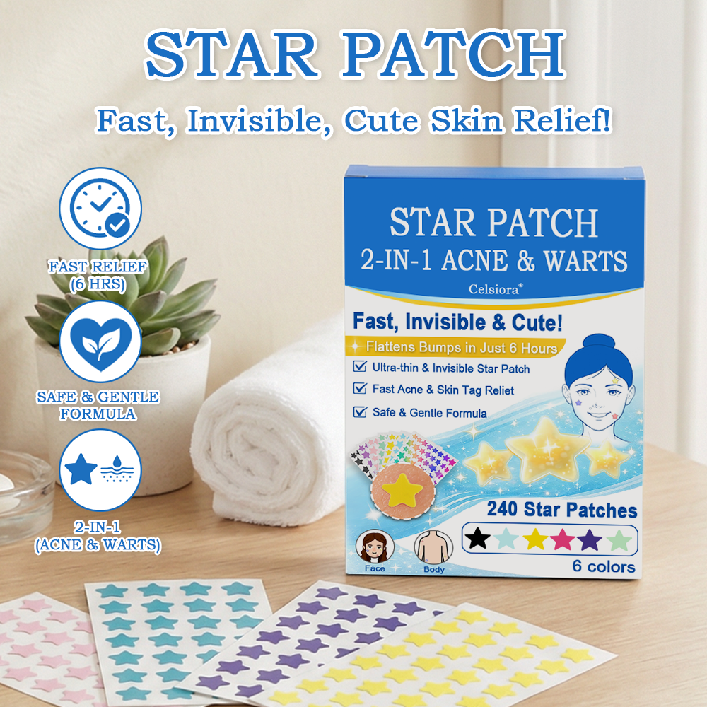 🌟Celsiora® 2-in-1 Microneedle & Hydrocolloid Star Patch | Flat Warts & Skin Tags Remover Acne, Raised Moles | 6 Colors Pimple Patch for Face & Neck | Invisible Star Zit Stickers | 240 Count 🌟