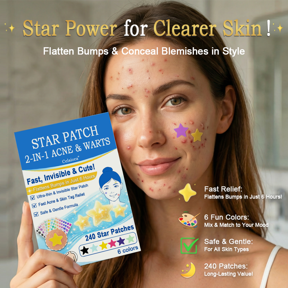 🌟Celsiora® 2-in-1 Microneedle & Hydrocolloid Star Patch | Flat Warts & Skin Tags Remover Acne, Raised Moles | 6 Colors Pimple Patch for Face & Neck | Invisible Star Zit Stickers | 240 Count 🌟