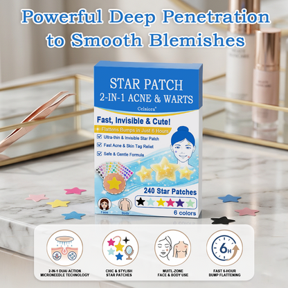 🌟Celsiora® 2-in-1 Microneedle & Hydrocolloid Star Patch | Flat Warts & Skin Tags Remover Acne, Raised Moles | 6 Colors Pimple Patch for Face & Neck | Invisible Star Zit Stickers | 240 Count 🌟