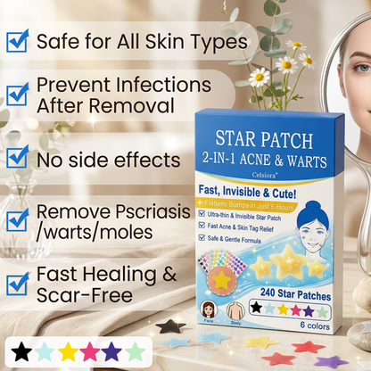 🌟Celsiora® 2-in-1 Microneedle & Hydrocolloid Star Patch | Flat Warts & Skin Tags Remover Acne, Raised Moles | 6 Colors Pimple Patch for Face & Neck | Invisible Star Zit Stickers | 240 Count 🌟