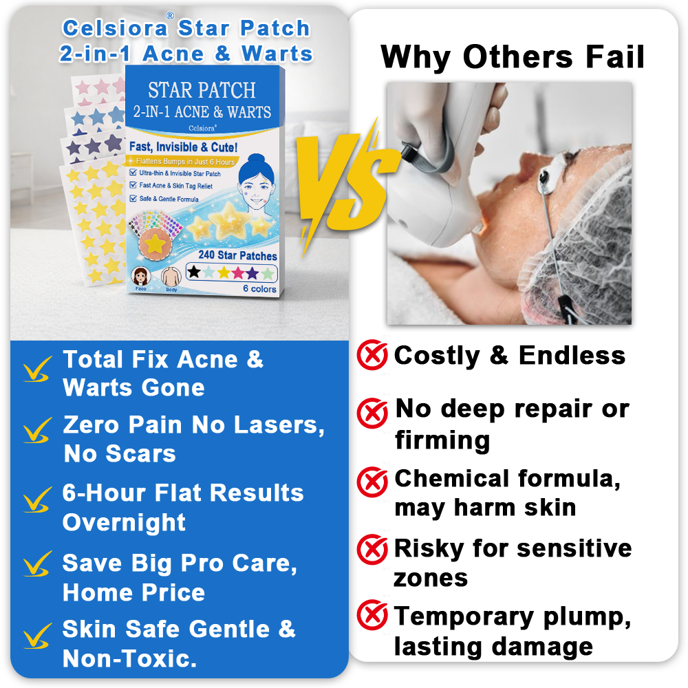 🌟Celsiora® 2-in-1 Microneedle & Hydrocolloid Star Patch | Flat Warts & Skin Tags Remover Acne, Raised Moles | 6 Colors Pimple Patch for Face & Neck | Invisible Star Zit Stickers | 240 Count 🌟