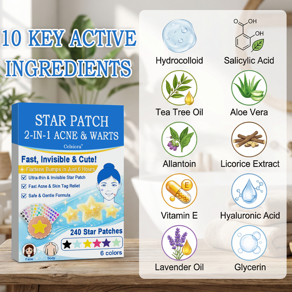 🌟Celsiora® 2-in-1 Microneedle & Hydrocolloid Star Patch | Flat Warts & Skin Tags Remover Acne, Raised Moles | 6 Colors Pimple Patch for Face & Neck | Invisible Star Zit Stickers | 240 Count 🌟